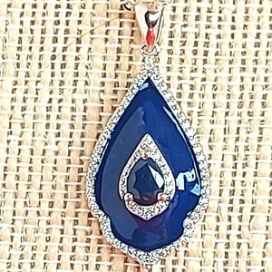 Natural Blue Sapphire 7x5mm & Cz 925 Sterling Silver Enamel‎ Necklace